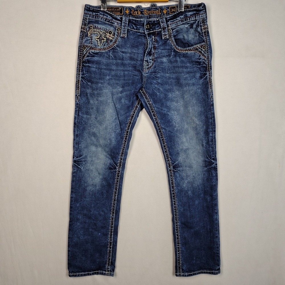 Rock Revival Mens Straight Leg Jeans Blue Distressed Rhinestone 34x29